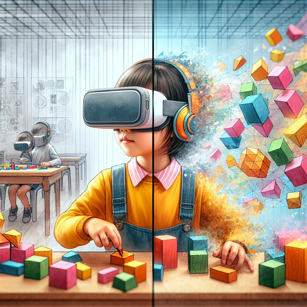 Child builds wooden blocks that morph into virtual museum artifacts, linking physical play to digital exploration.