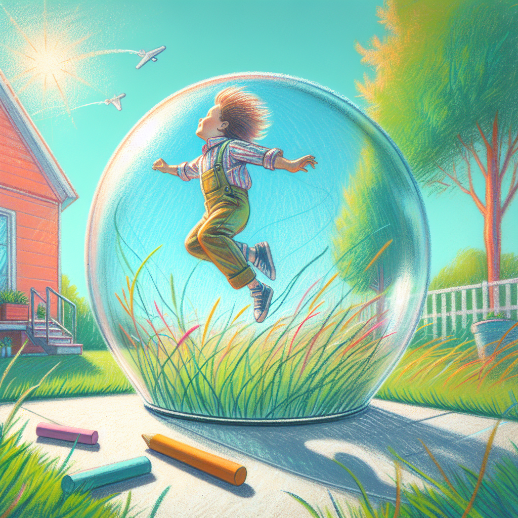 Child frozen mid-jump inside a glass dome, showing gravity’s pull in a sunny backyard