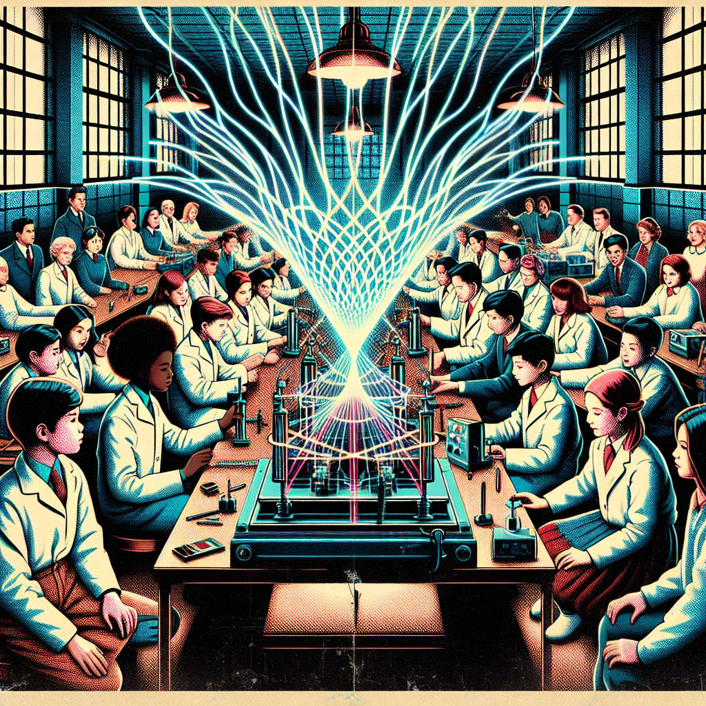 A retro classroom scene shows students gathered around a tabletop double-slit setup glowing with neon beams