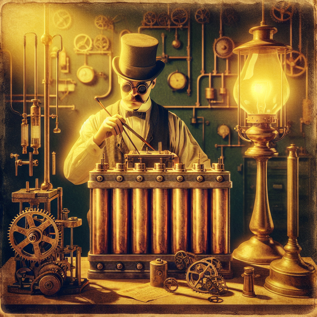 Early 1900s lab scene with Edison examining a large nickel-iron battery under warm lamplight