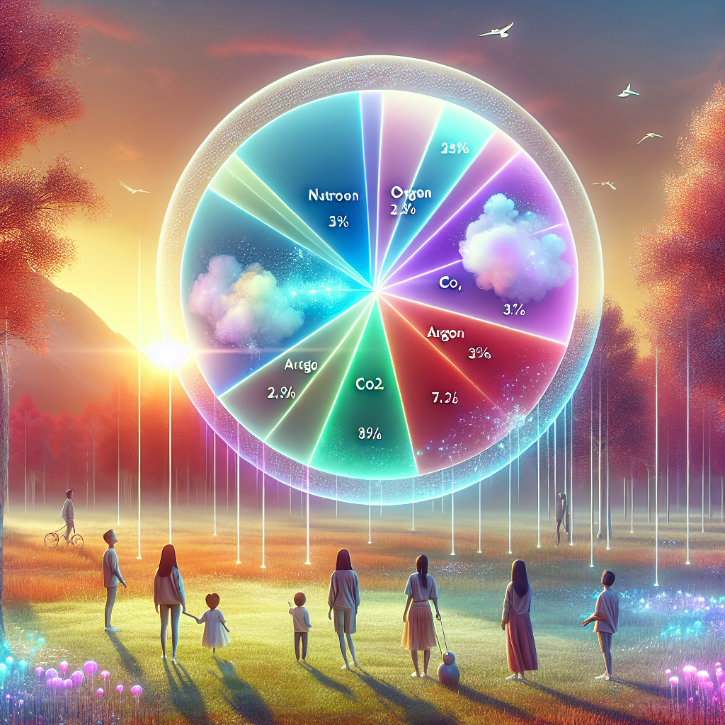 Floating pastel pie chart over a tranquil park, each slice sized for nitrogen, oxygen, argon, and trace gases; illustrates air’s composition.