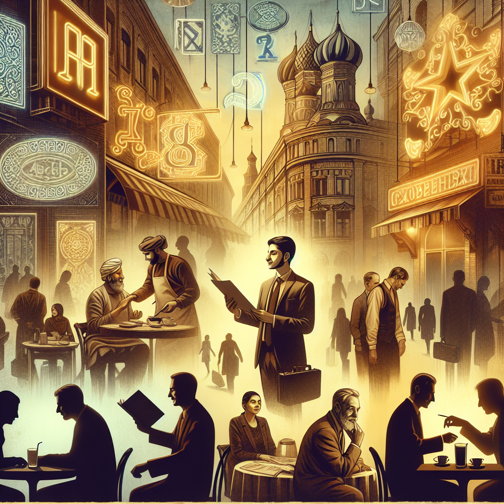 Faded Soviet street with new small cafés and Gorbachev silhouette hinting at reform energy