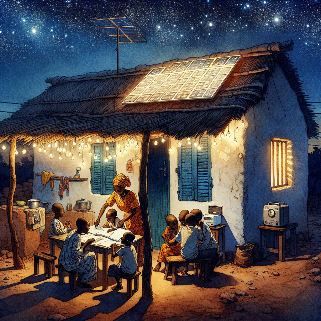 A Senegalese home glows under a rooftop panel while children study and a mother listens to the radio.