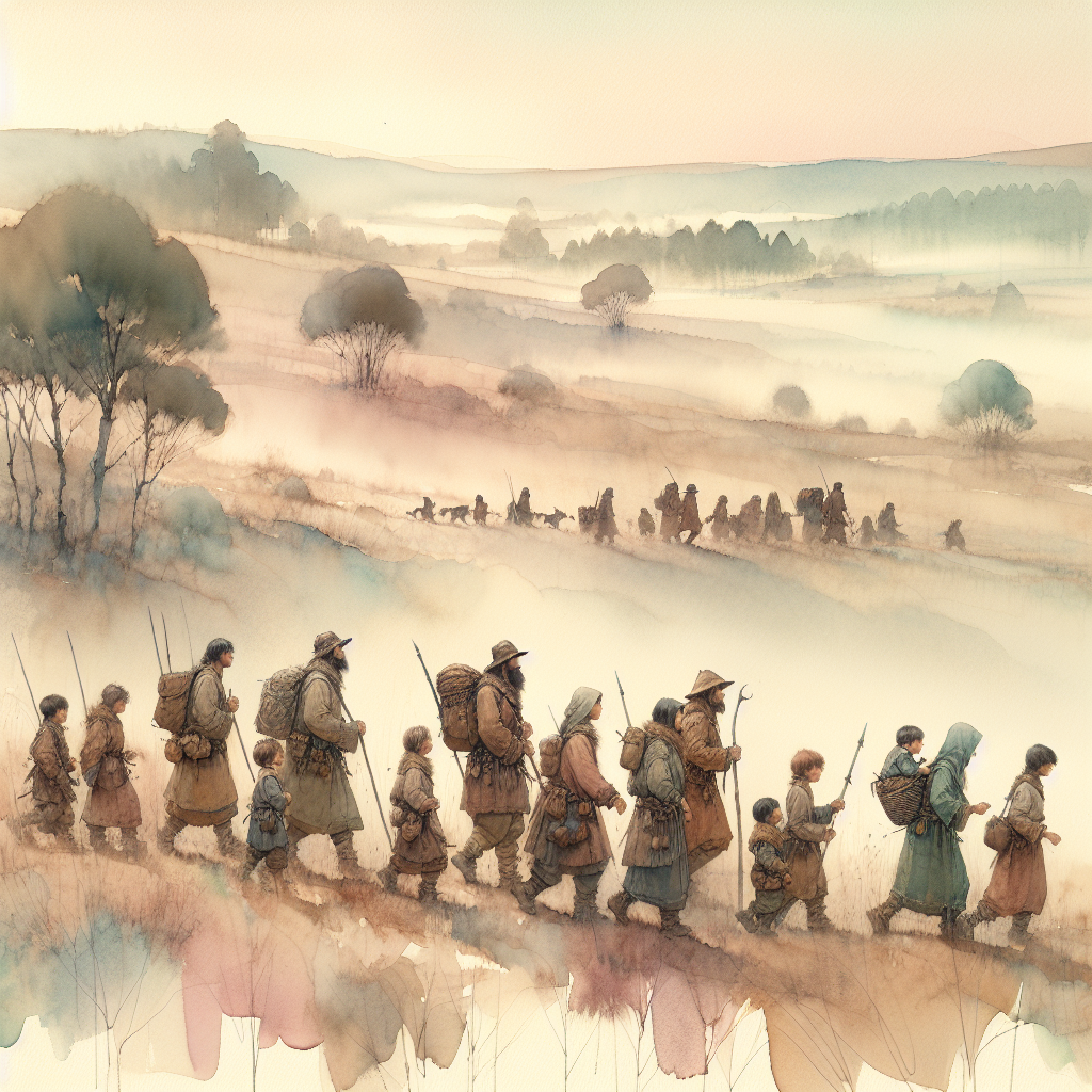 Watercolor view of nomads trekking over misty grasslands at dawn, baskets and spears in hand.
