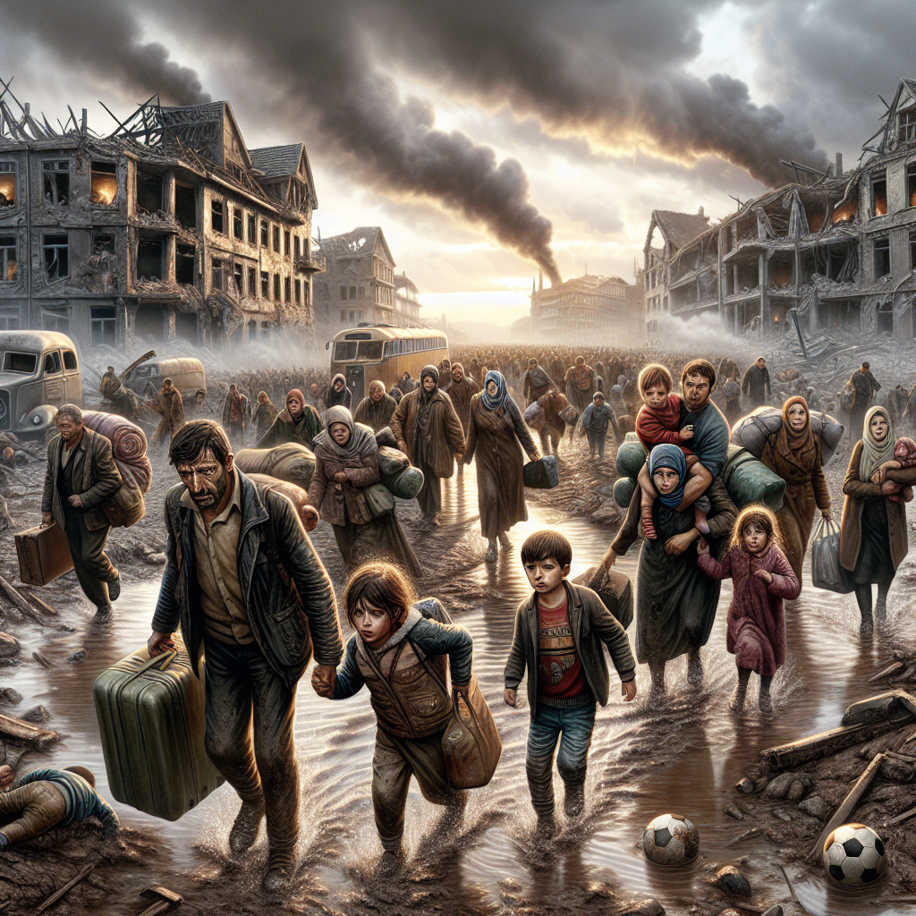 Refugees trudge through a shattered European street at dawn, suitcases in hand and smoke rising from ruined buildings, portraying exhaustion and quiet resilience.