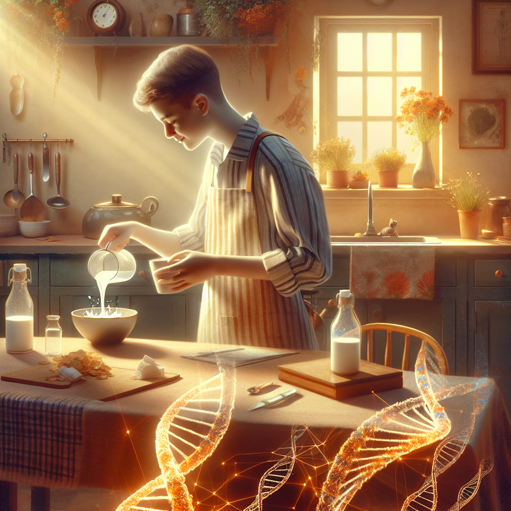 A sunlit kitchen scene where translucent DNA strands guide insulin production while breakfast is prepared.