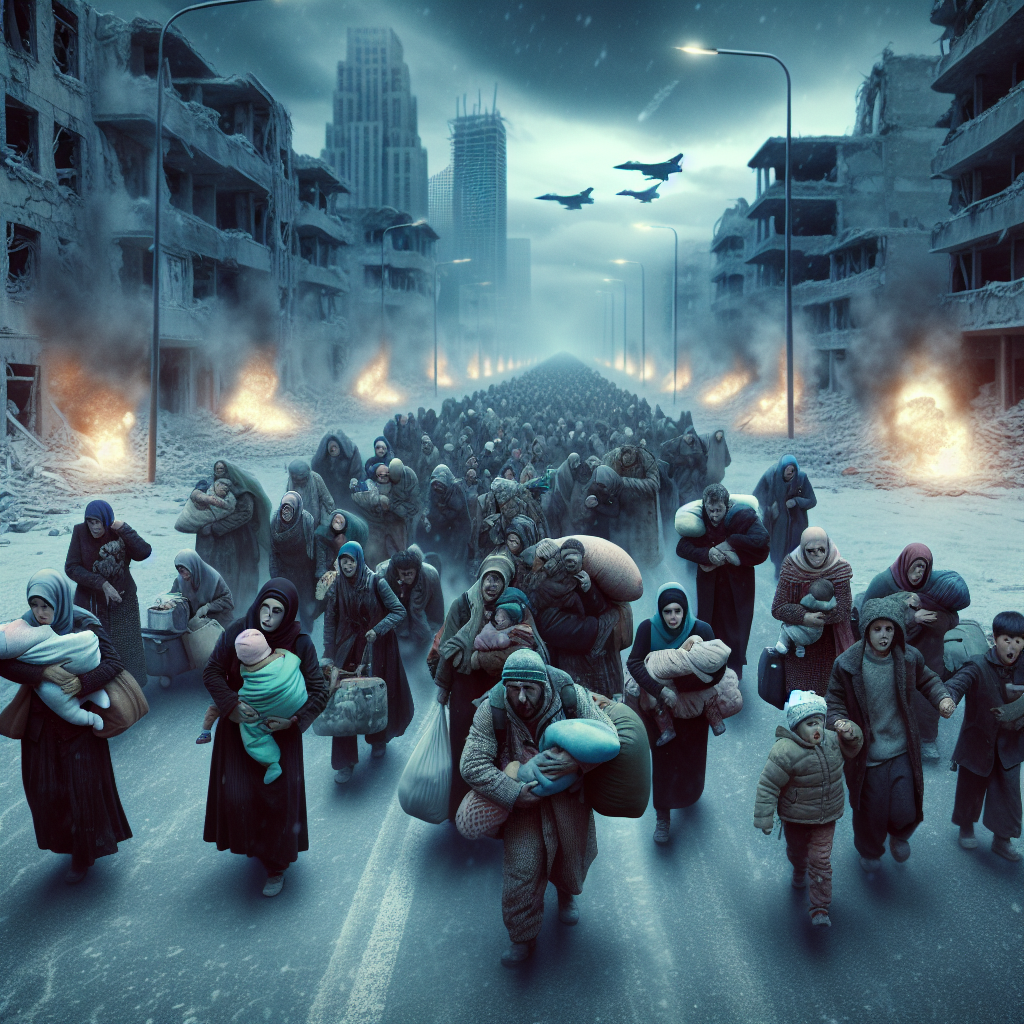 A column of weary Korean refugees—families clutching children and bundles of belongings—moving through a ruined city street as fighter jets roar overhead and distant explosions light the skyline. Style: haunting neo-realist digital matte painting with cold, desaturated tones.
