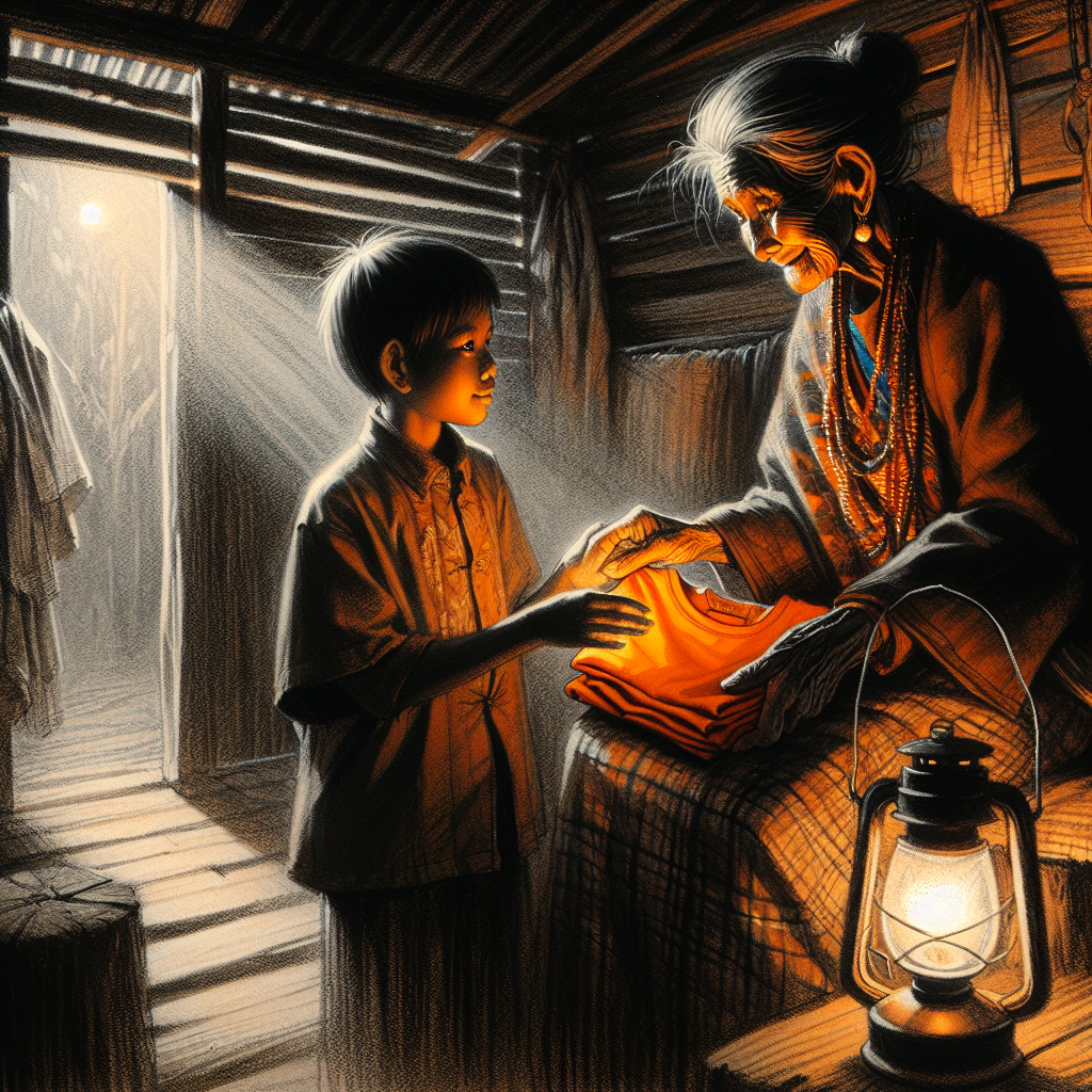 Grandmother hands a folded orange shirt to her granddaughter in a lantern-lit cabin, symbolizing quiet resistance.