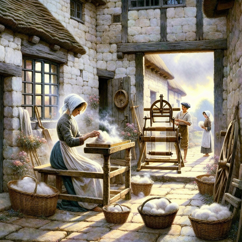 Early morning village cottage where parents spin and weave while children carry raw fibers.