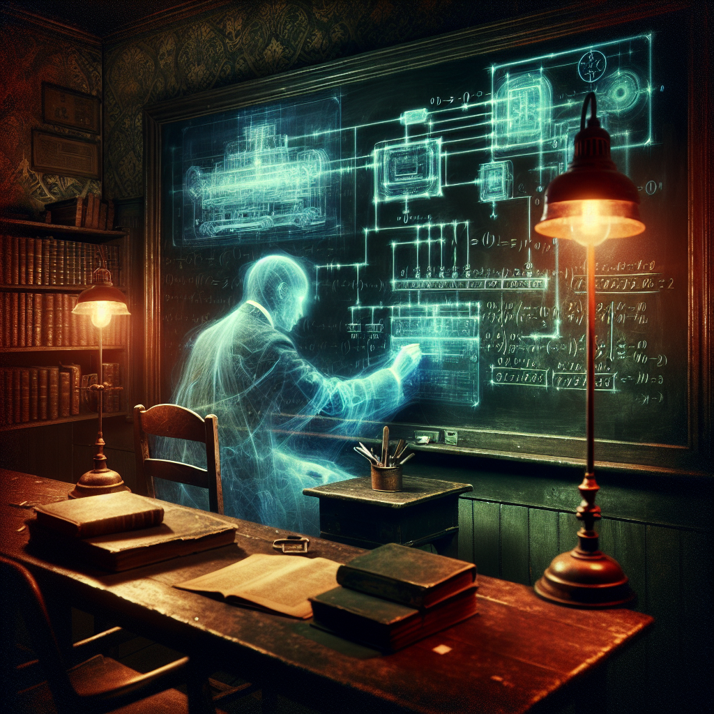 Close-up of a vintage chalkboard as a translucent Alan Turing sketches glowing binary and flow diagrams, hinting at the birth of modern computing.