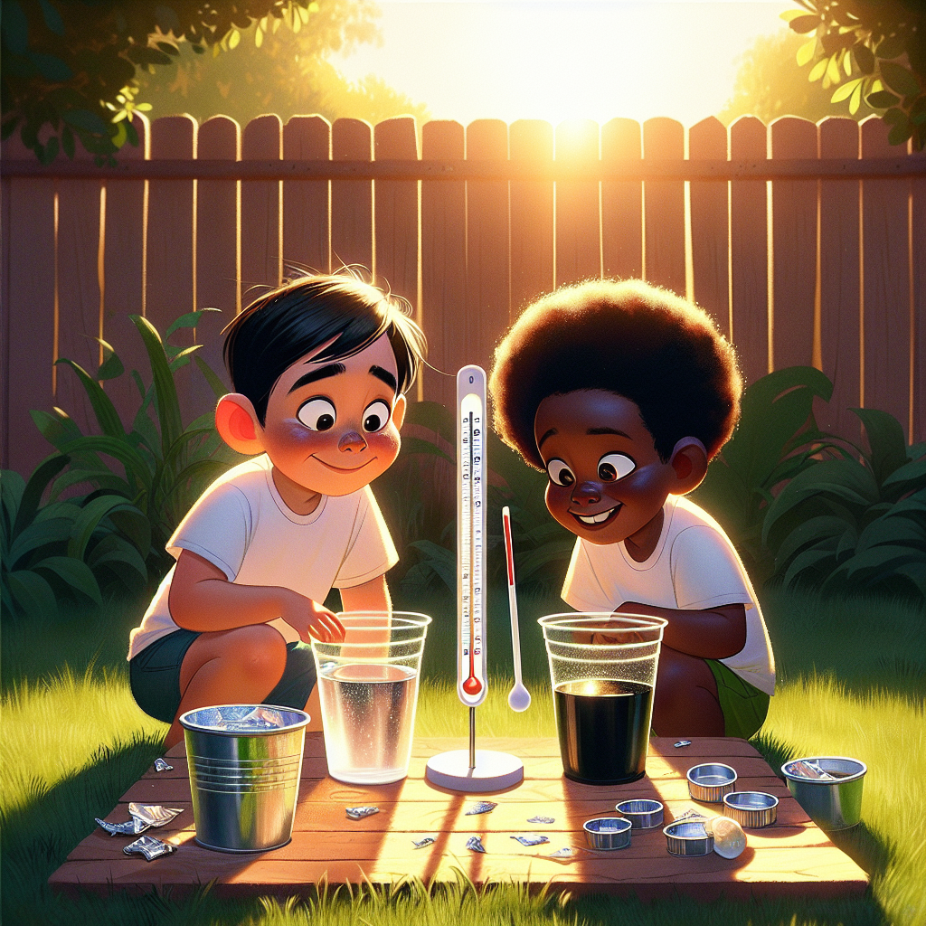 Children test dark and light surfaces heating water under the sun.