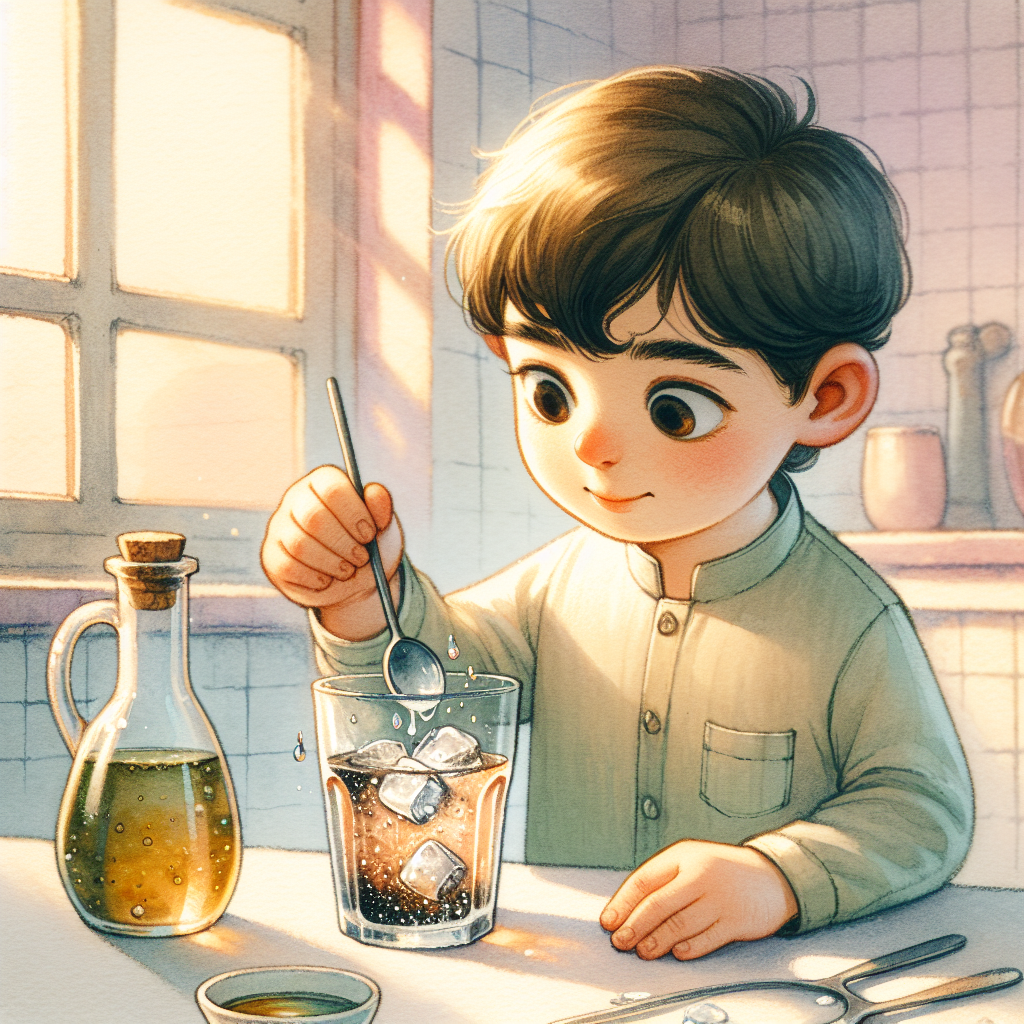 Child observes ice cubes floating in soda beside oil-vinegar dressing, illustrating density differences.