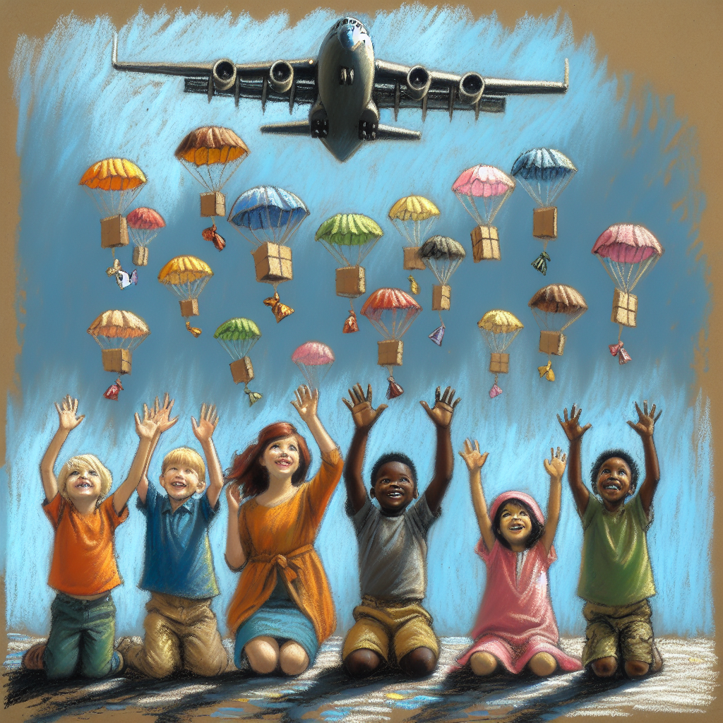 Children wave at a low-flying plane releasing sweet parachutes against a gray sky.
