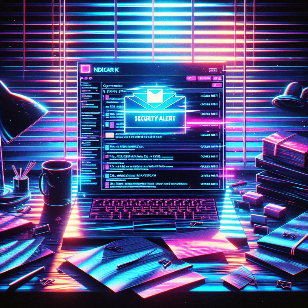 A glowing laptop screen in a dark home office highlights an email from support@paypa1.com with the subject 'URGENT: Security Alert.' The neon-lit scene signals potential danger in a typical inbox.