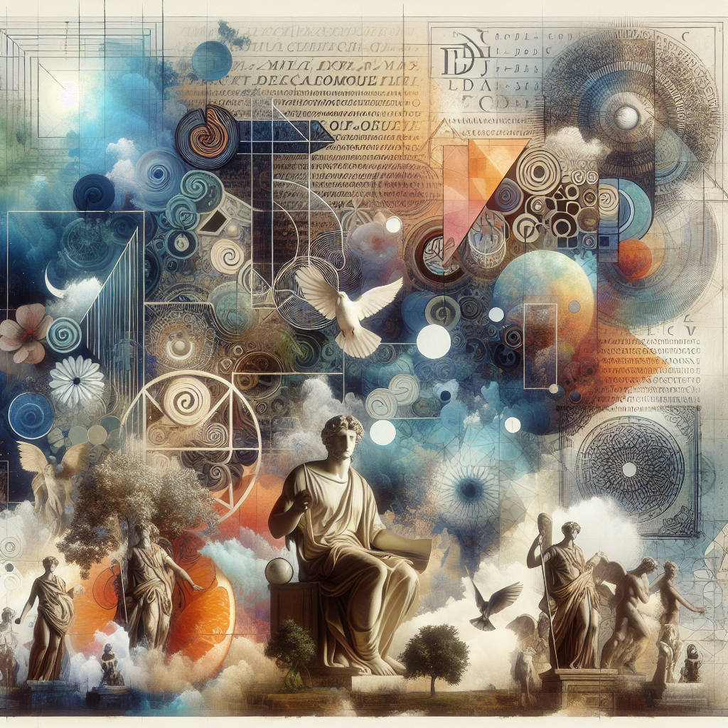 Surreal collage with logic symbols and nature, merging shapes and patterns.