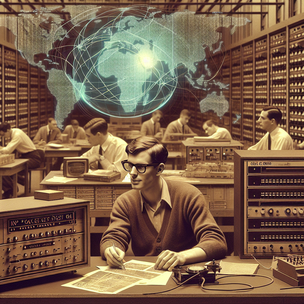 Donald Davies studies packet diagrams beside blinking terminals at NPL, demonstrating a working prototype.