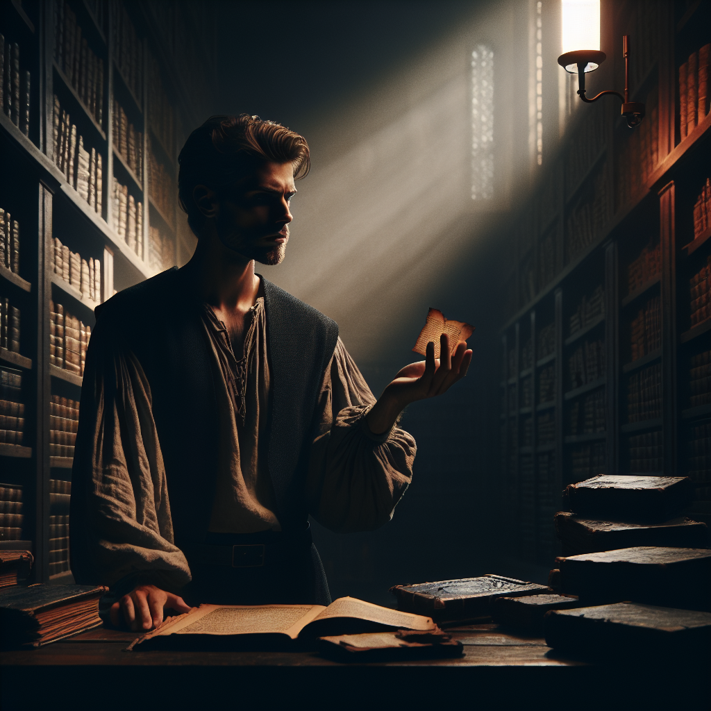 Moody library portrait of Yuval Noah Harari holding an open book under a spotlight.