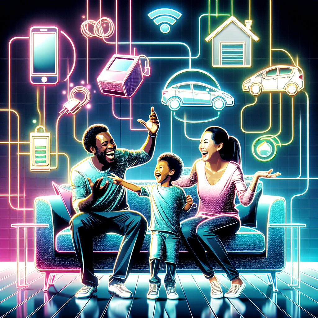 Family in living room surrounded by icons of phone, electric car, and home battery connected by glowing lines