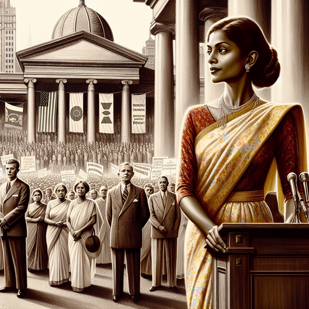 Voters line up in a 20th-century square as Sirimavo Bandaranaike and Indira Gandhi lead amid democracy banners