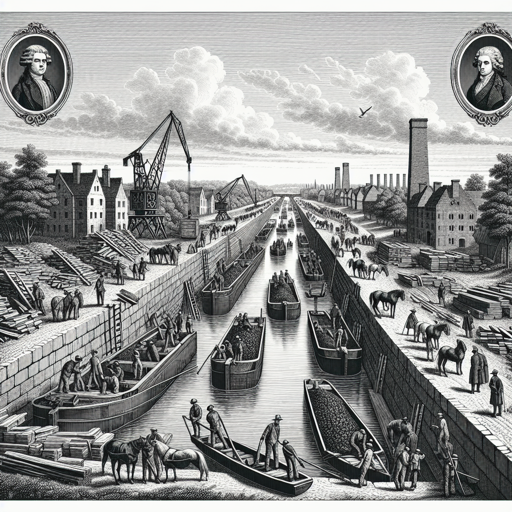 Workers build locks while barges queue for coal loading on a busy canal.