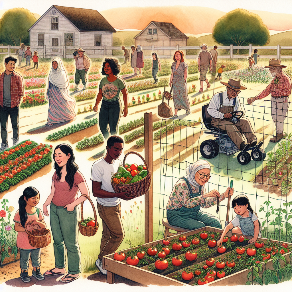 Rural field where volunteers of all ages harvest vegetables beside a school, reflecting Victory Gardens and farm teamwork