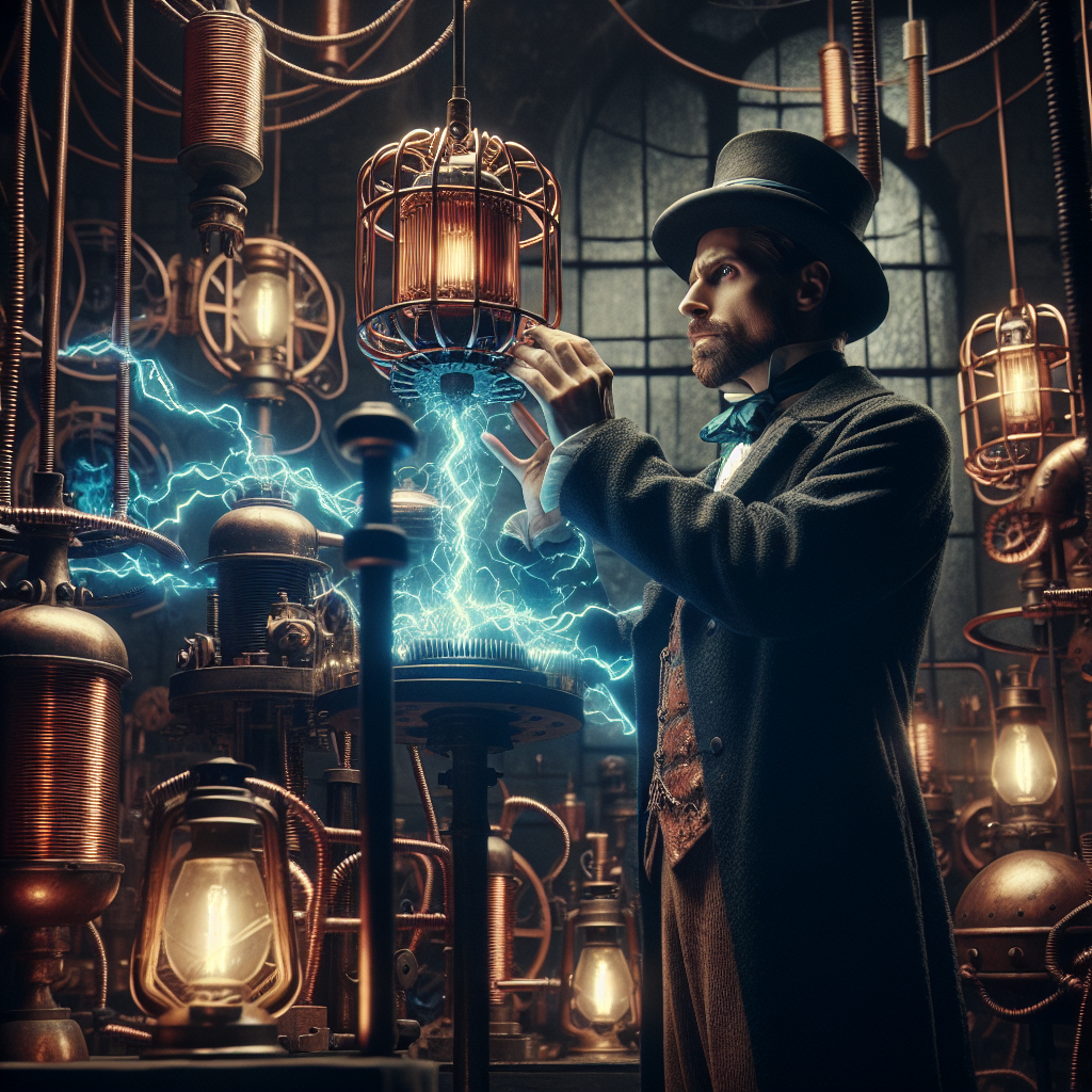 Nikola Tesla stands in a dramatic steampunk lab, blue arcs of electricity crackling around vintage coils