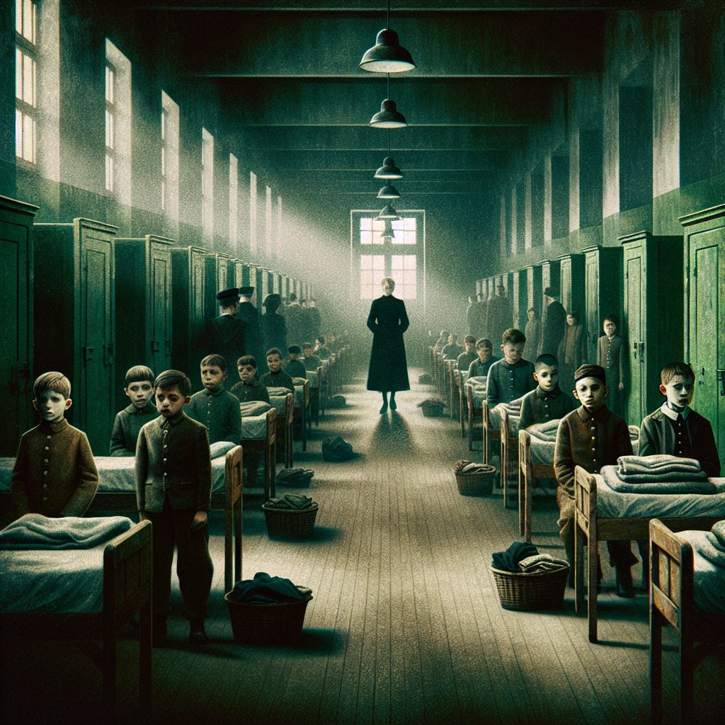 Dim dormitory hallway in a boarding school, Indigenous children stand silent while a stern teacher looms in shadow.