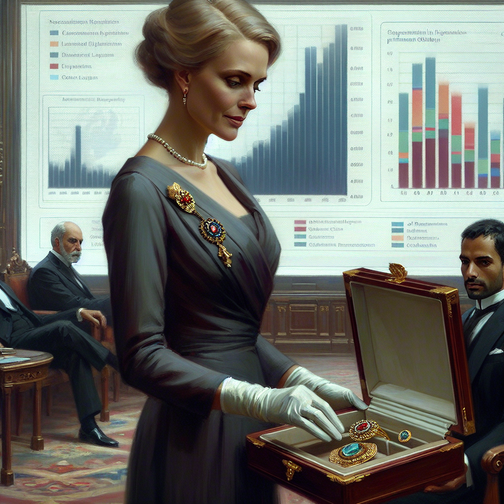 Madeleine Albright selecting a brooch as data on global gender representation appears behind her