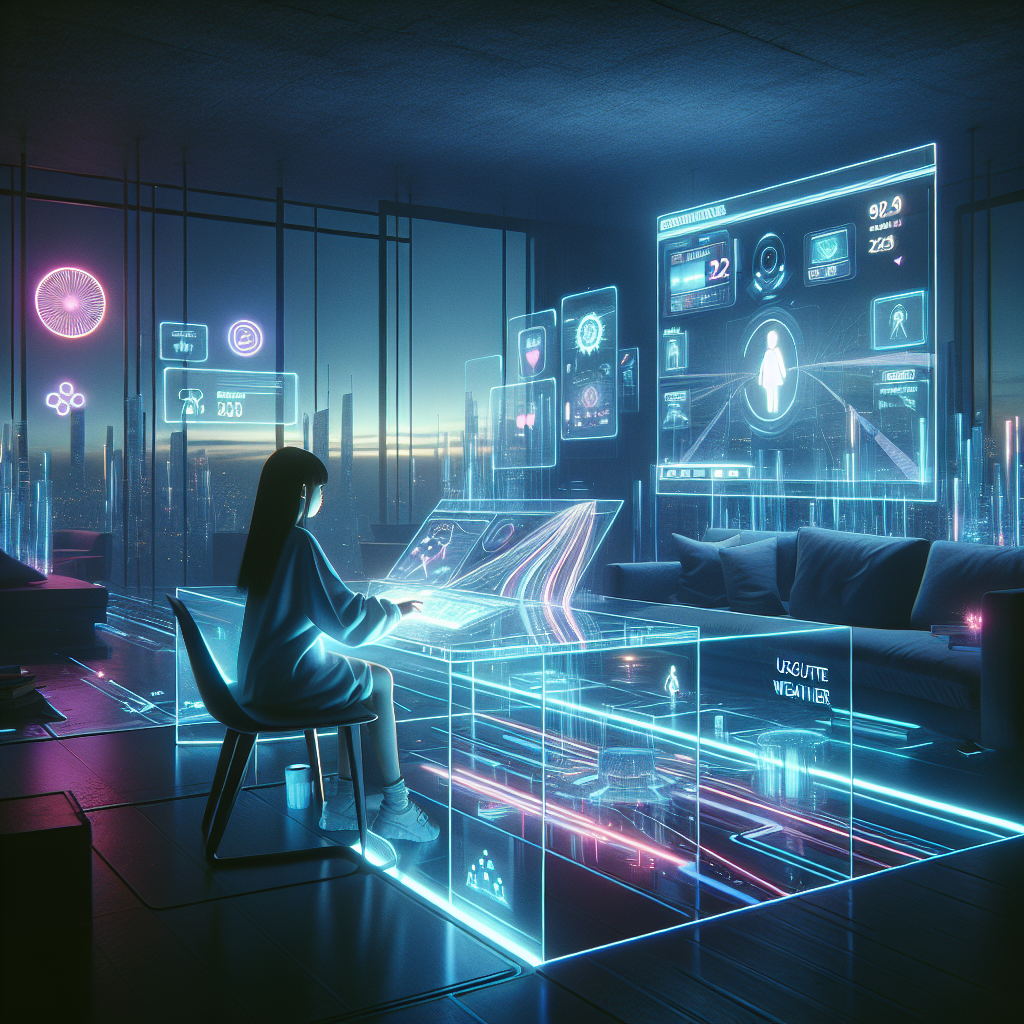 Futuristic living room with neon lights where a person explores a transparent interface filled with weather, transit, and ID checks