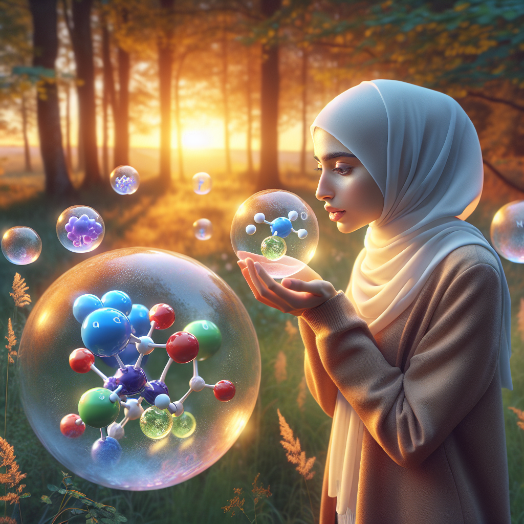 Young woman in a sunlit meadow inhaling glowing spheres that reveal colorful gas molecules; conveys the hidden mix of gases in fresh morning air.