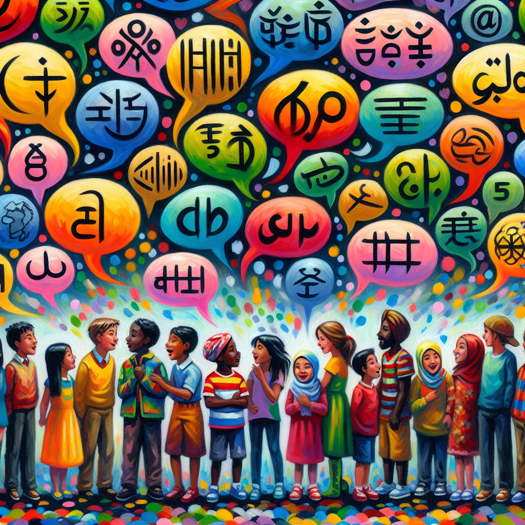 Gouache painting of children speaking many languages, colors fading with age, illustrating early language ease.