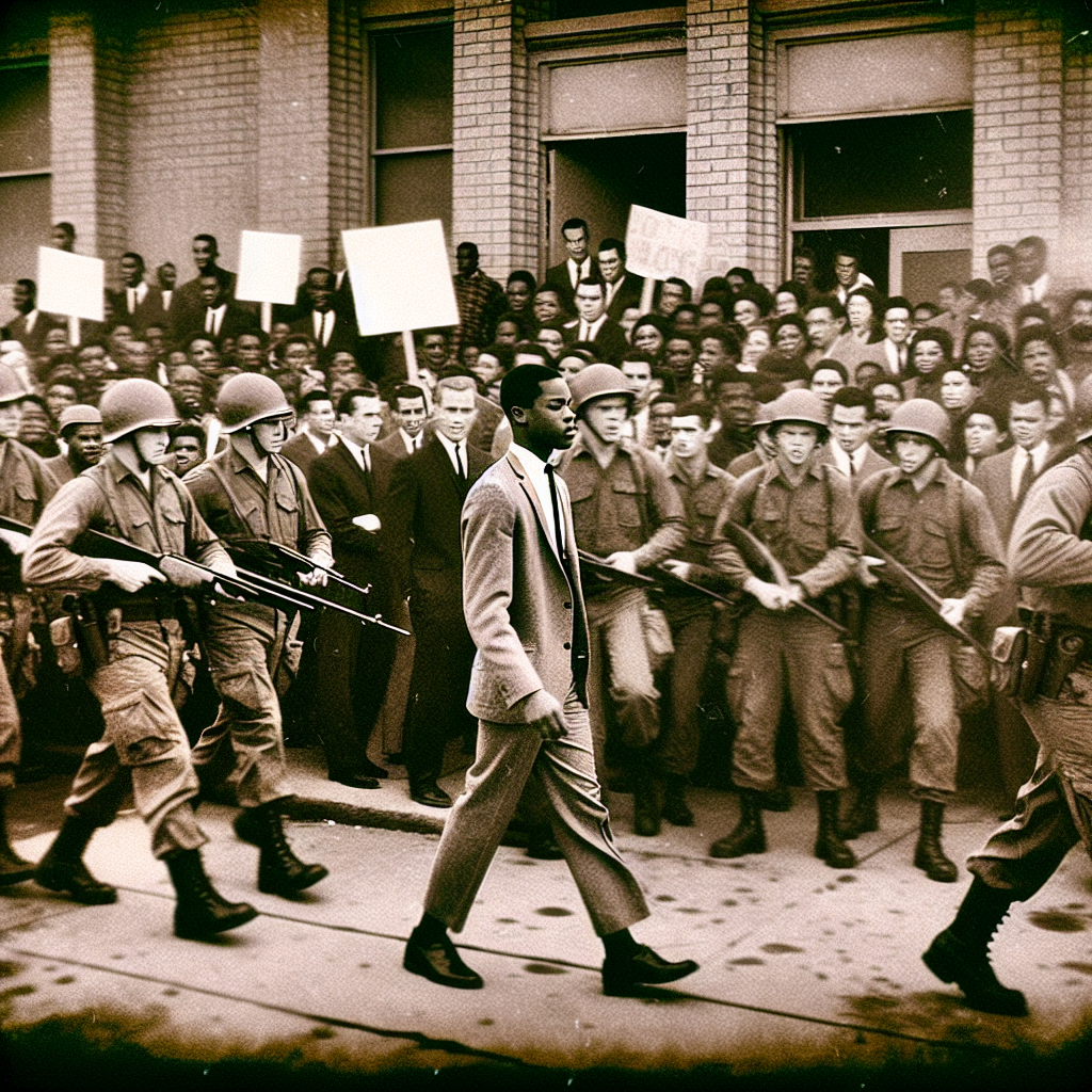 Federal troops escort a calm Black student past a hostile crowd, showing the tense enforcement of school integration.