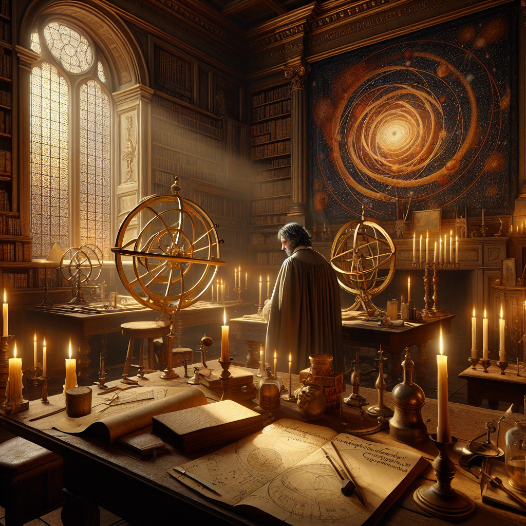 Renaissance scholar studies a brass armillary sphere as sunlight hits scattered orbit charts, hinting at heliocentric insight