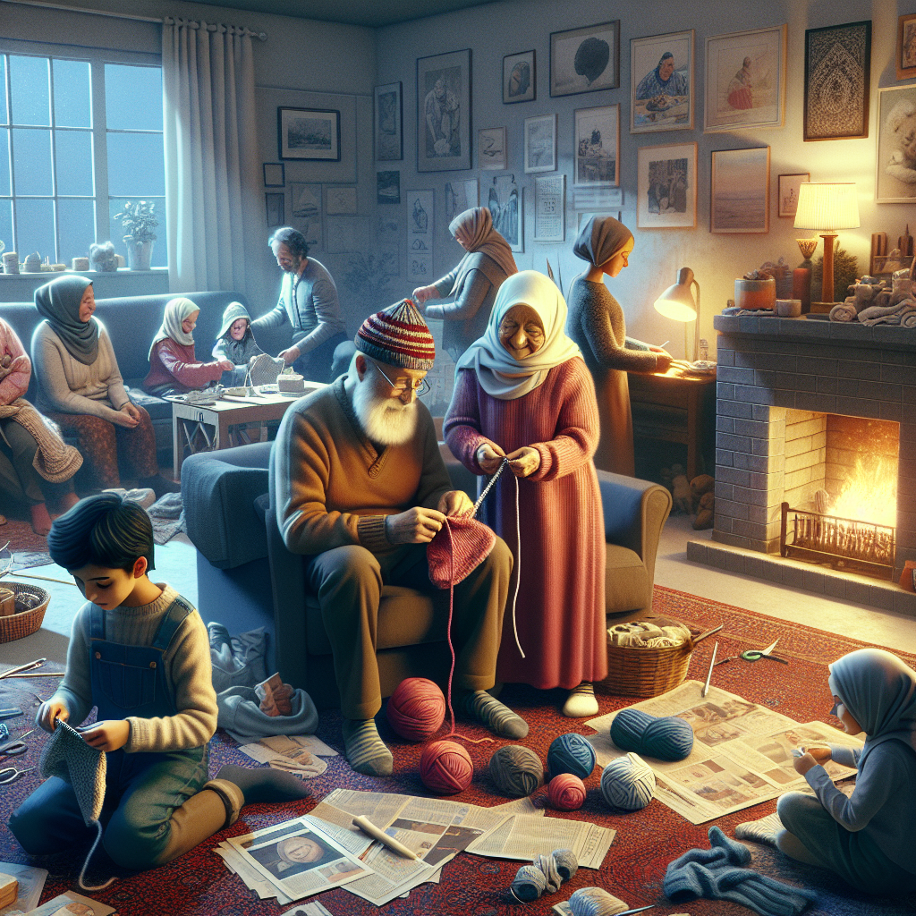 Living room workshop where families knit socks and cut fabric for bandages, turning homes into mini factories