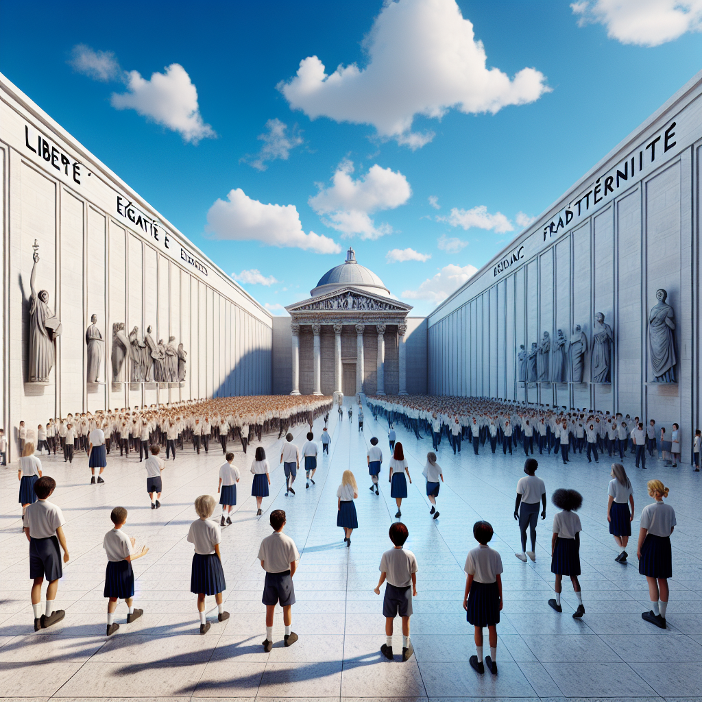 French school courtyard without visible religious symbols, Supreme-Court style building marks a wall between church and state