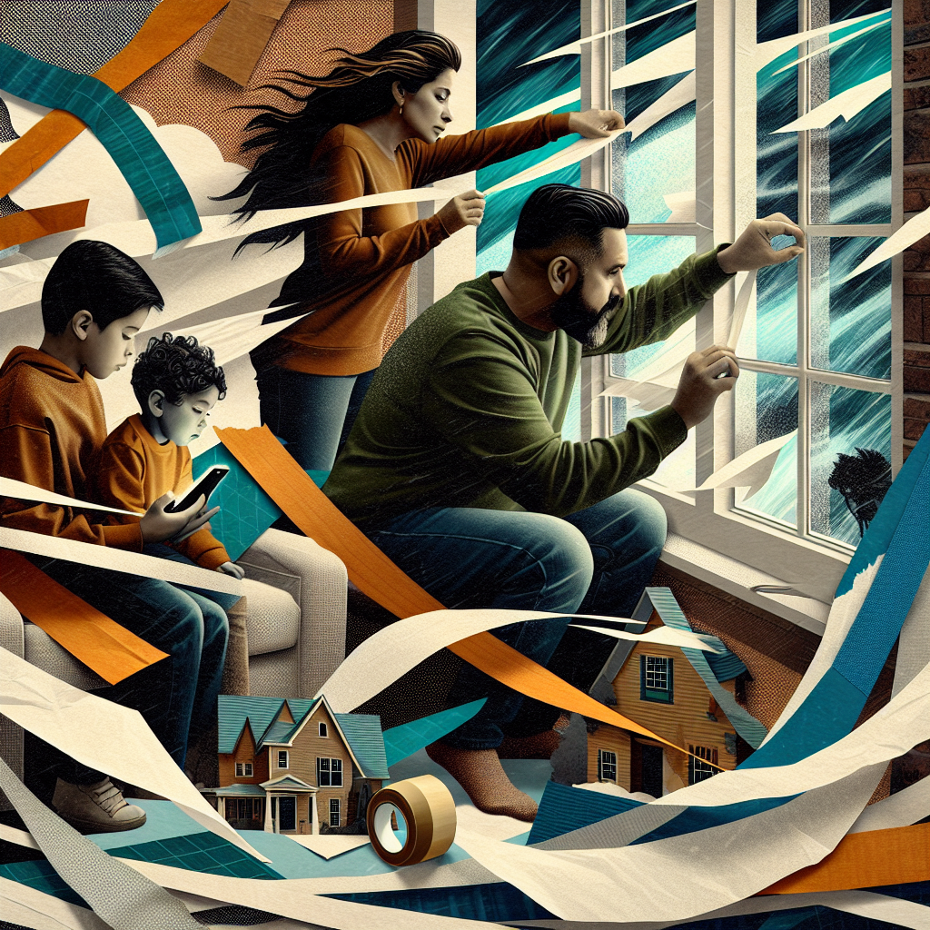 Paper collage of a family sealing windows while checking a weather app, symbolizing household preparedness