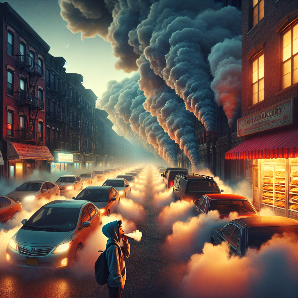 Evening street blanketed in exhaust as a child walks past a bright bakery, contrasting pollution with daily life.