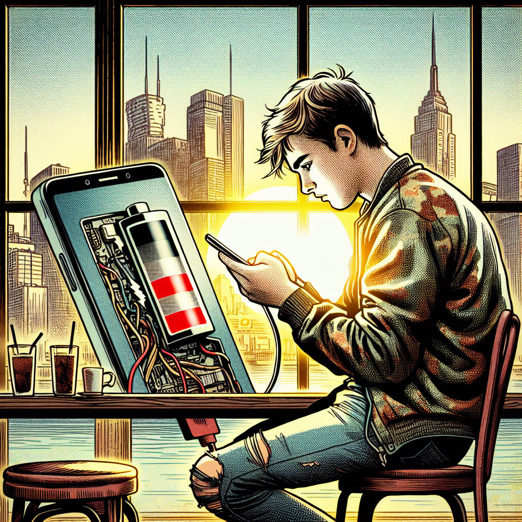 Teen in urban café looks at phone showing fading battery icon; phone’s interior reveals cracked cells