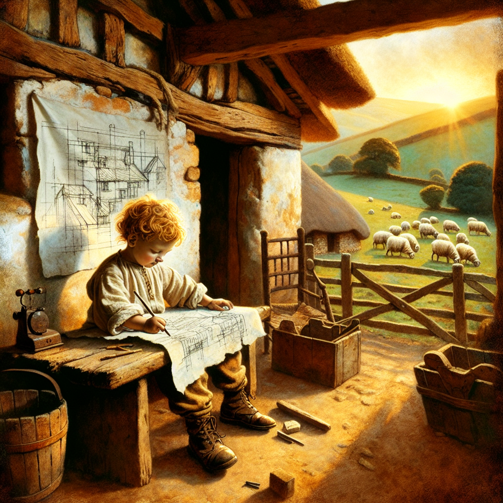 Watercolor scene of toddler Isaac Newton sketching on a cottage wall at dawn in rural 17th-century England.