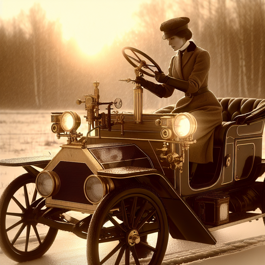 Mary Anderson tests a hand-operated windshield wiper on an early automobile during a crisp winter day, underscoring practical innovation.