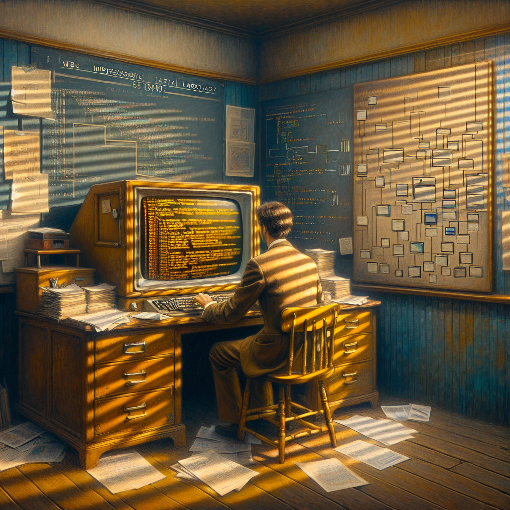 Tim Berners-Lee at a cluttered CERN desk, his monitor glowing with early HTML, showing the birth of the World Wide Web.