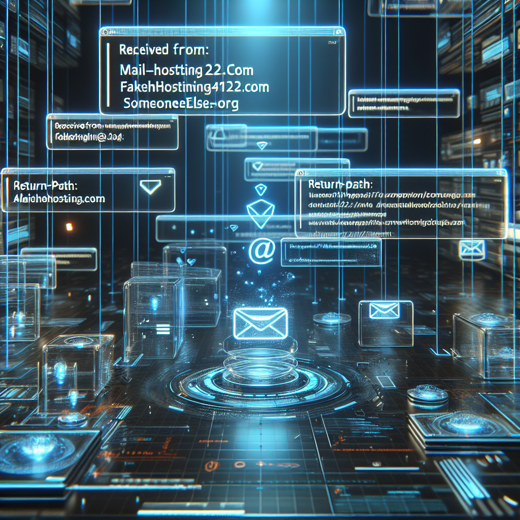 Floating holographic panels reveal technical email details like 'Received from: mail.fakehosting123.com.' These clues expose origin.