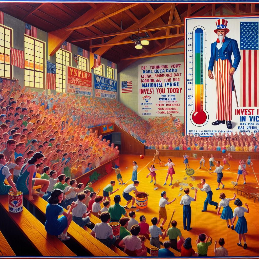 School gym turned war-bond rally where children drop coins into tins while a large thermometer tracks progress, capturing patriotic energy