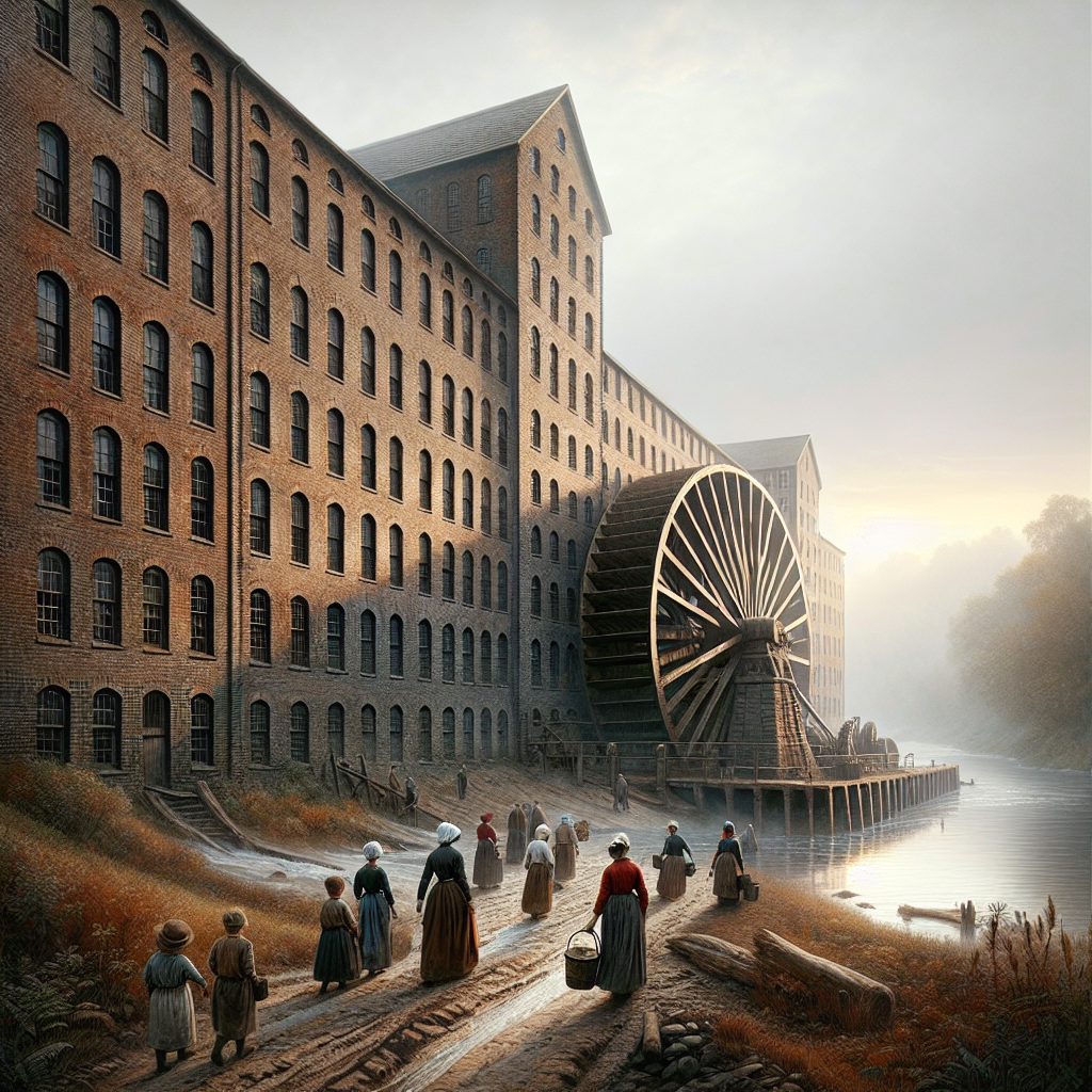 Brick mill at dawn with a giant water wheel and workers arriving for their shift.
