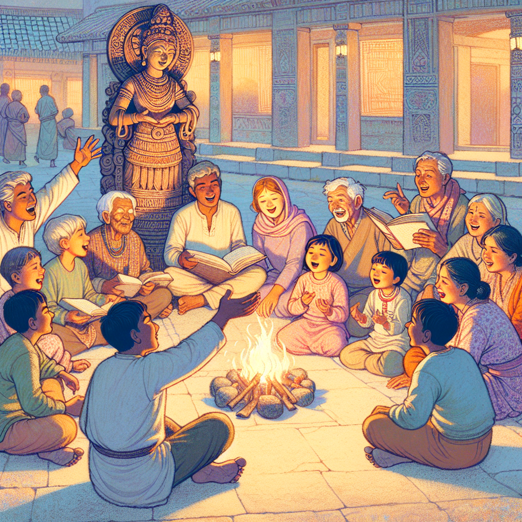 Children and elders trade lines of an ancient epic around a twilight courtyard fire.