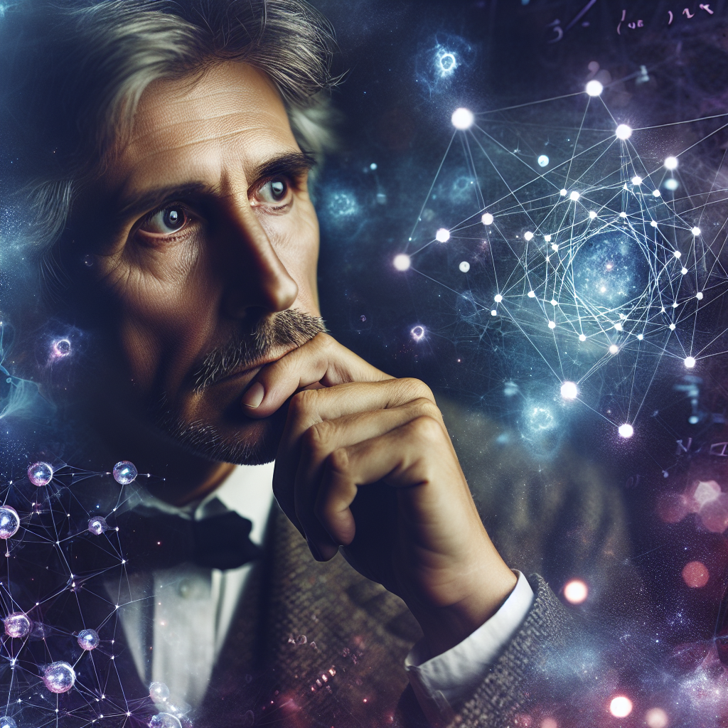 Double-exposure photo of Einstein’s profile blended with glowing network nodes and faint equations, evoking deep questions about reality.