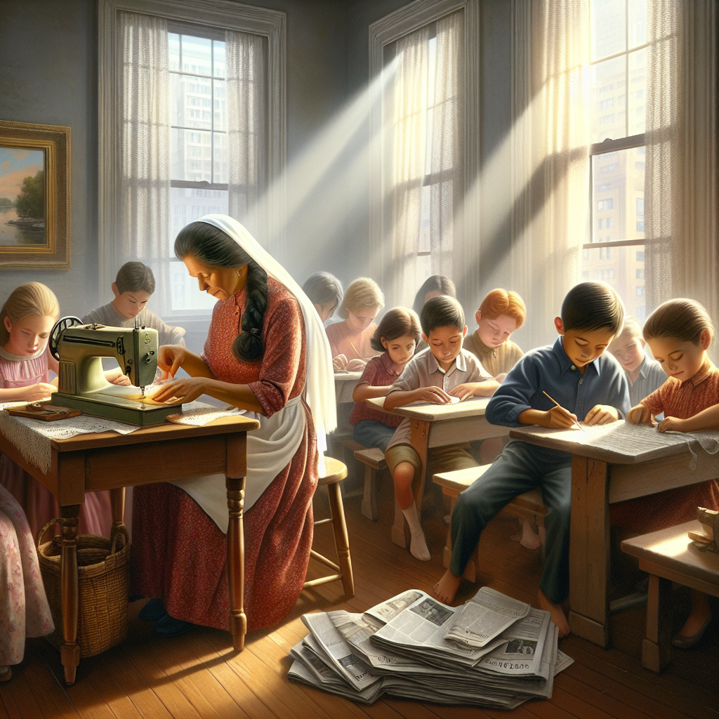 Modest city home where a woman sews while children read at a small Sunday school table