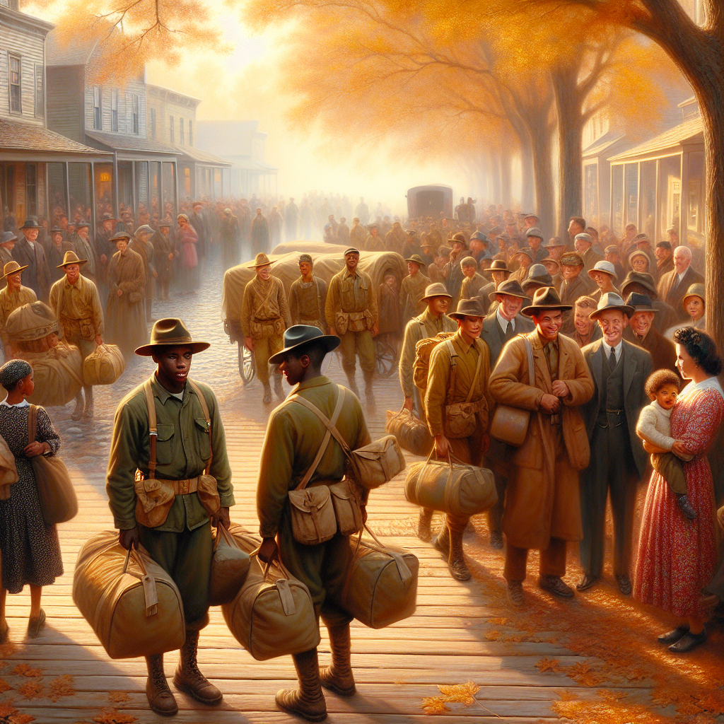 Early morning 1940s small-town street where new draftees in uniform say goodbye to families, symbolizing America’s rapid World War II mobilization