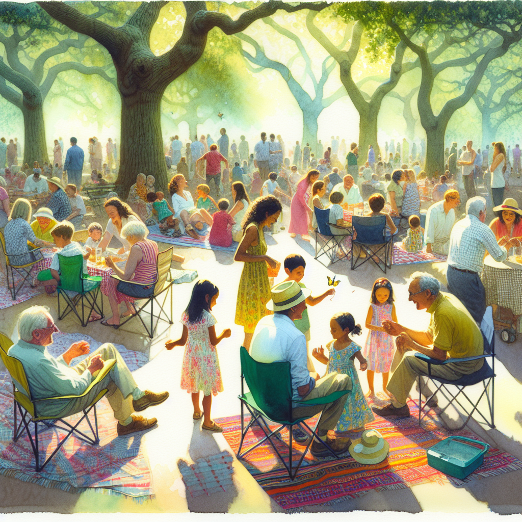A joyful park reunion with diverse relatives chatting on picnic blankets under oak trees, pastel watercolor style.