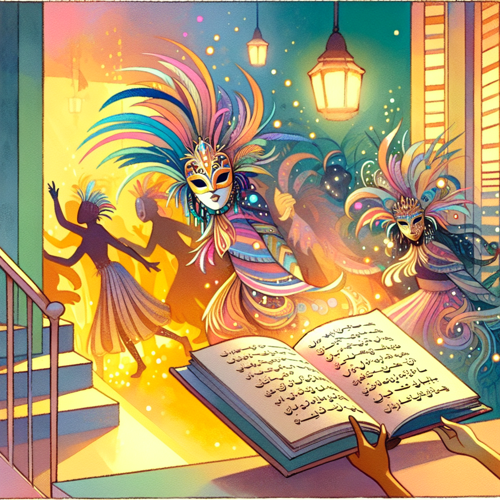 Caribbean carnival street scene with masks blending African, European, Indigenous motifs beside a reader of Midnight’s Children, embodying hybrid identities.